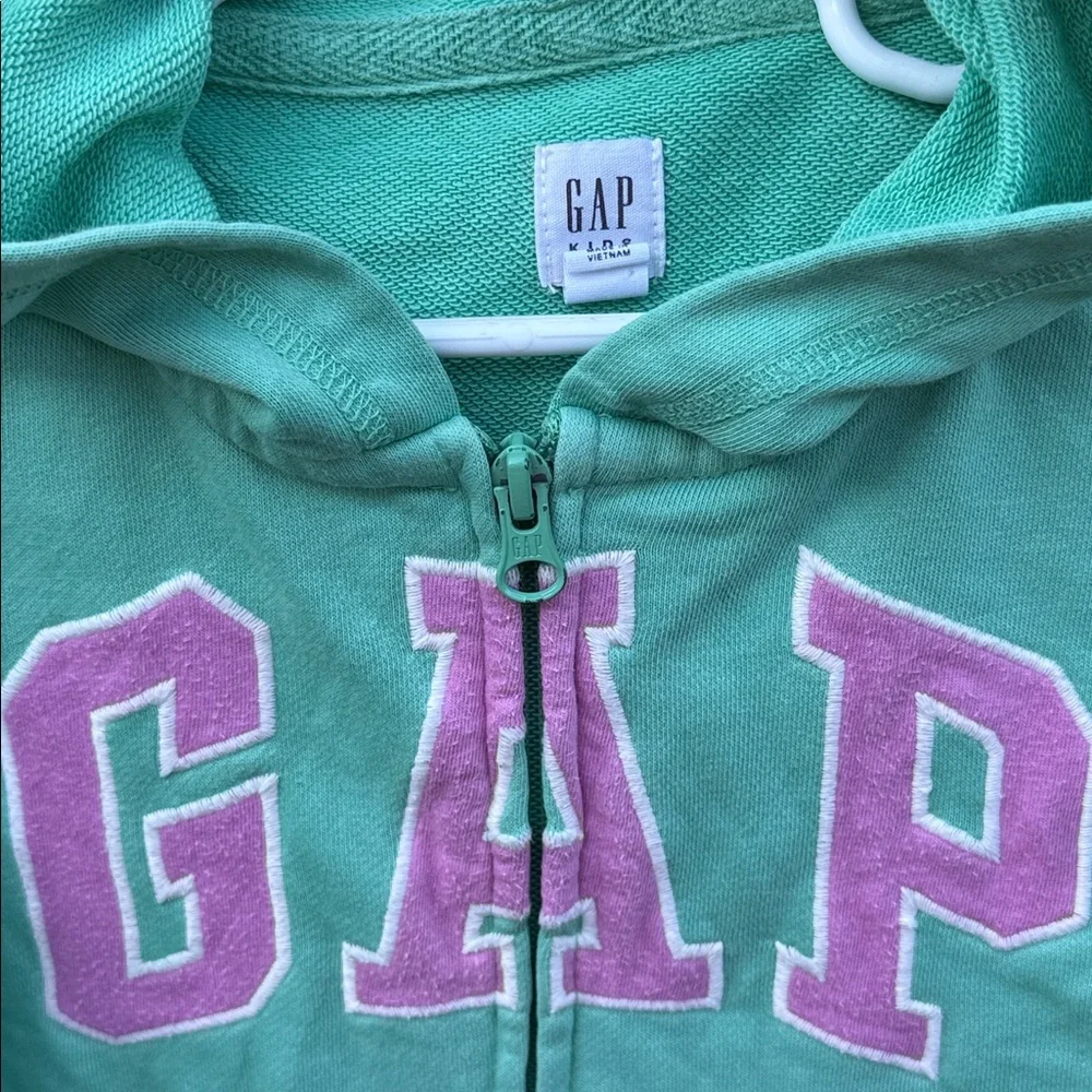 GAP Kids Mint Teal Pink Embroidered Logo Zipper Hooded Sweatshirt Size XS 4-5